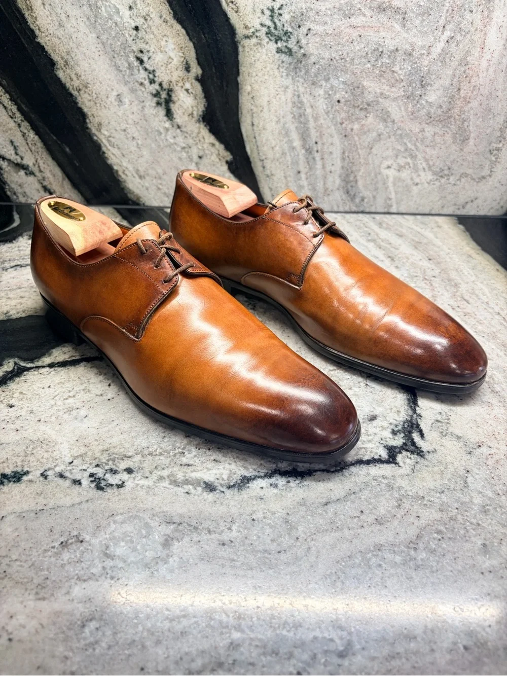 Santoni Goodyear Brown Cognac Leather Derby Shoes UK 8.5 US 9.5 Italy